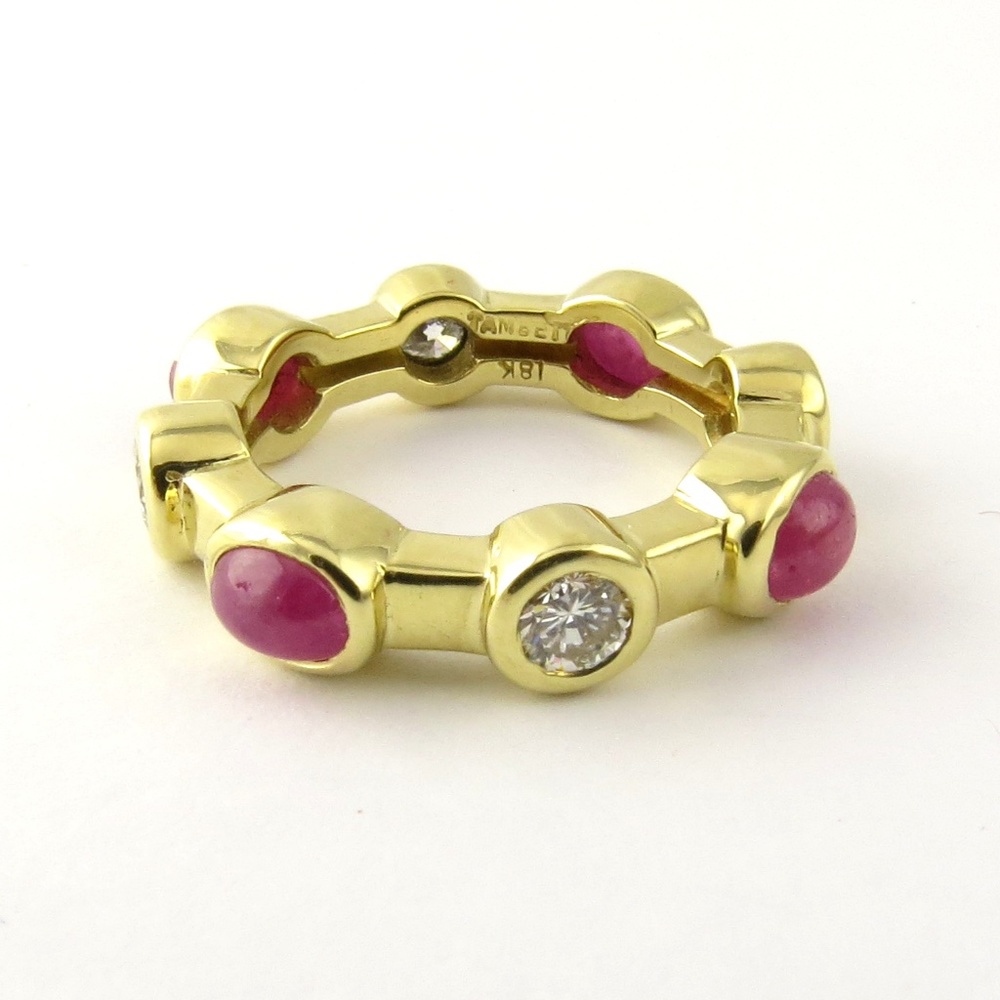 Vintage 18 Karat Yellow Gold Tambetti Cabochon Ruby Diamond Ring Size 6.75 #4651